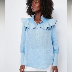 Tuckernuck Mirabella Ruffle Bib Linen Blouse Chambray Blue Puff Sleeve Preppy S